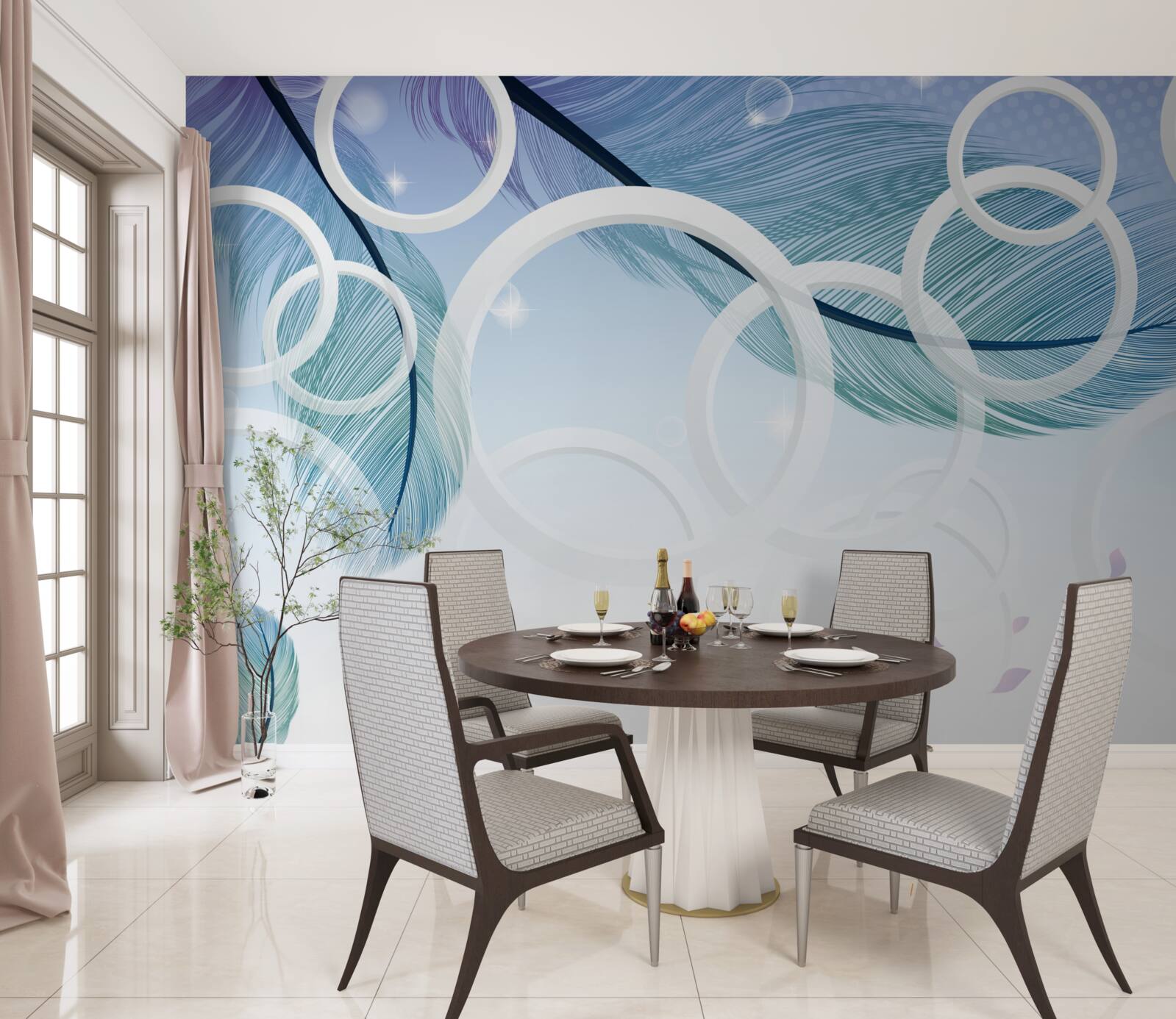 Papier peint grandes roues blanches et plumes