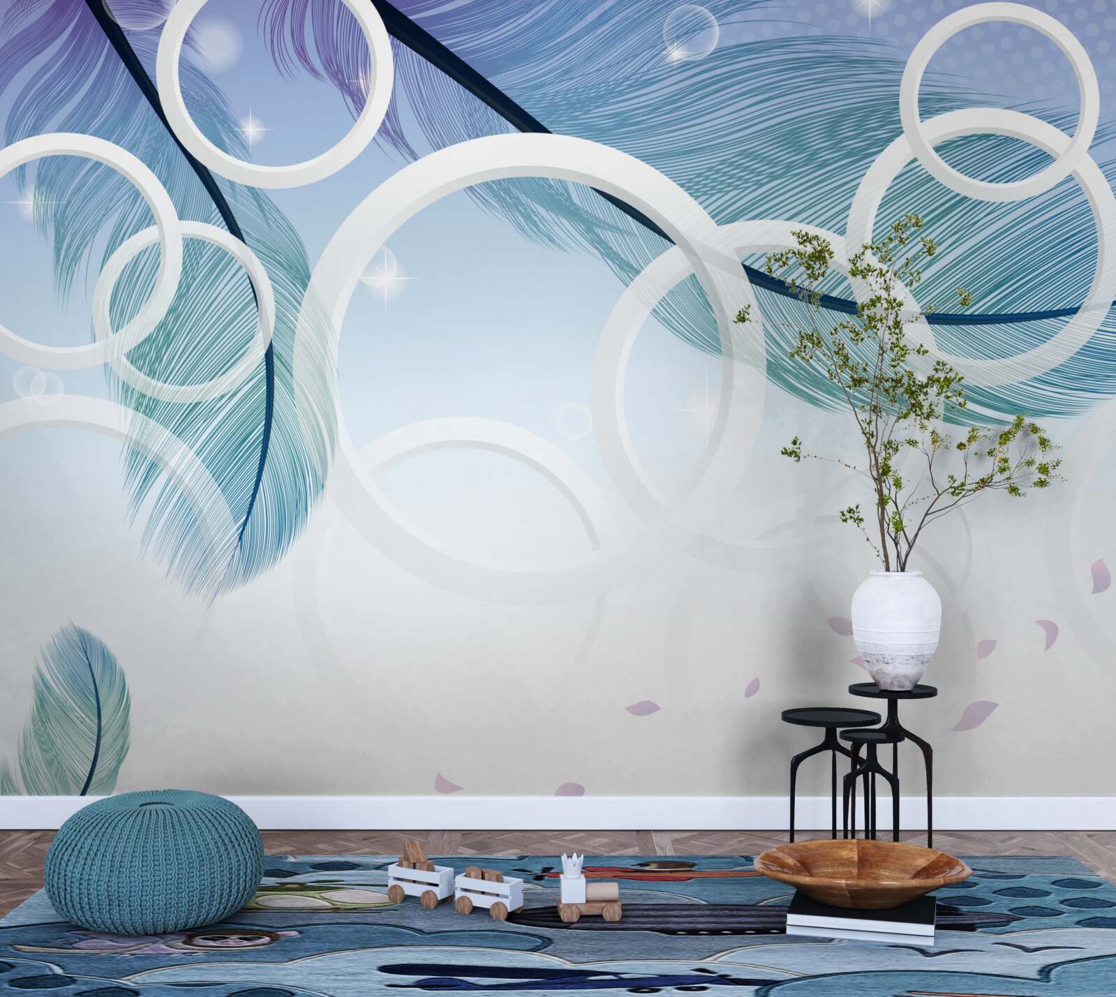 Papier peint grandes roues blanches et plumes