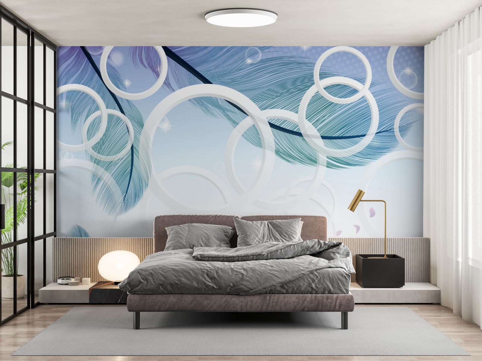 Papier peint grandes roues blanches et plumes