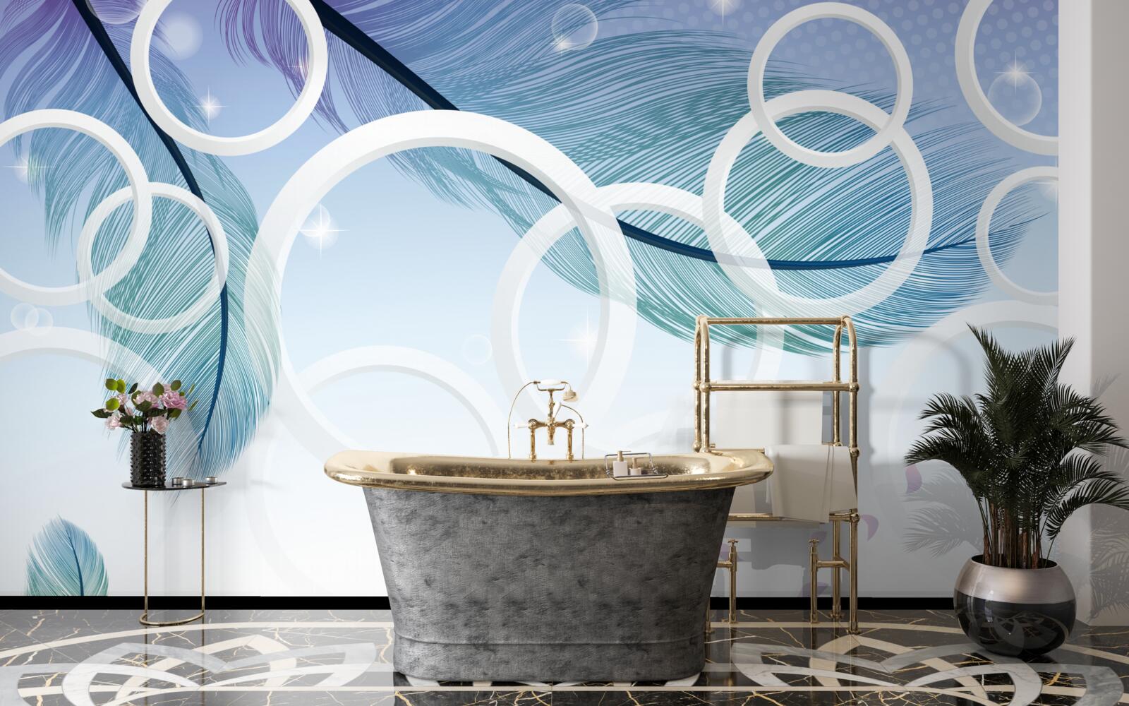 Papier peint grandes roues blanches et plumes