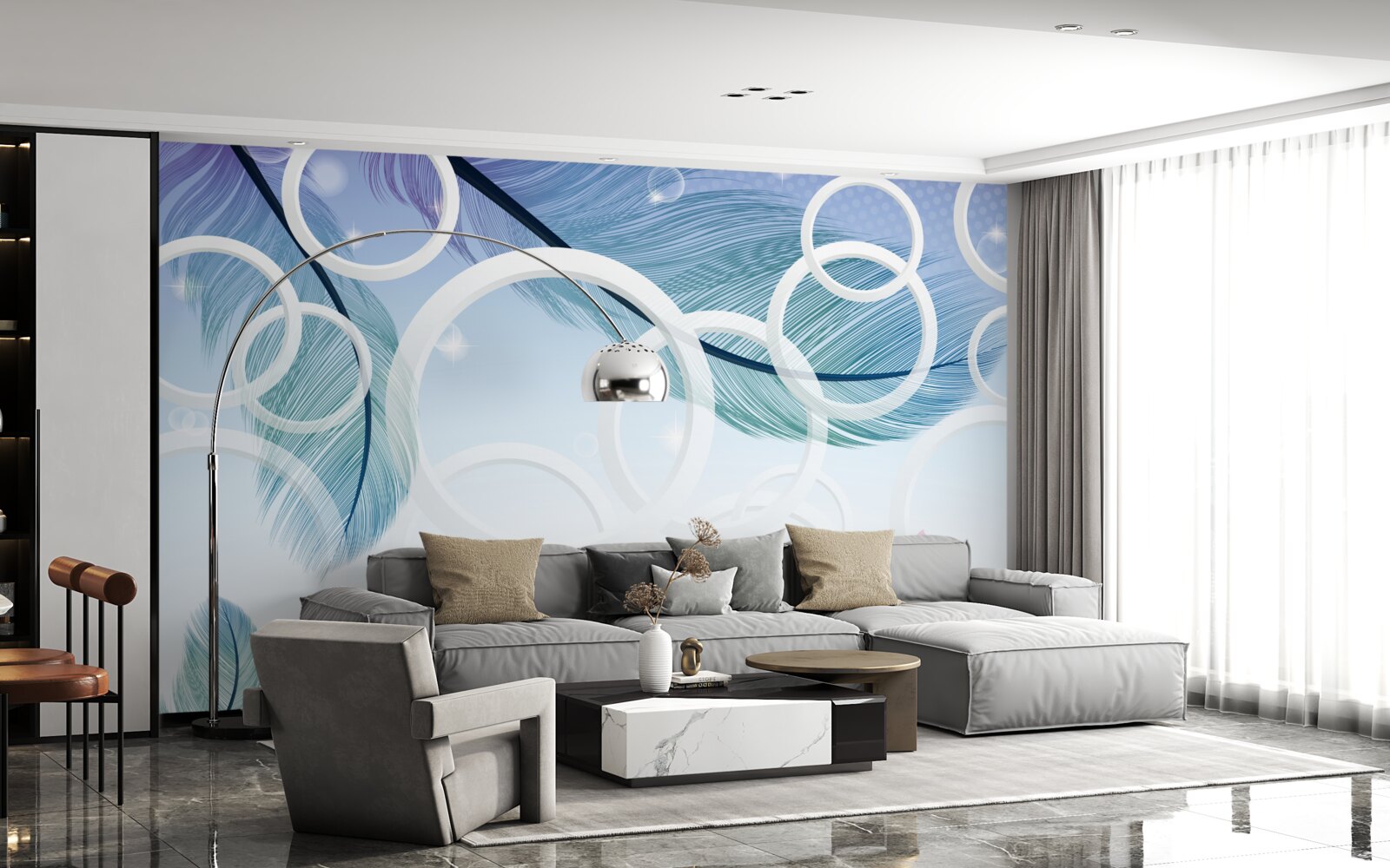 Papier peint grandes roues blanches et plumes