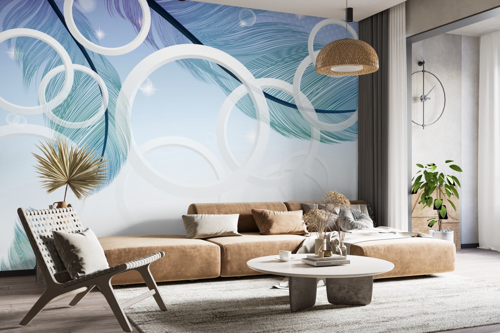 Papier peint grandes roues blanches et plumes