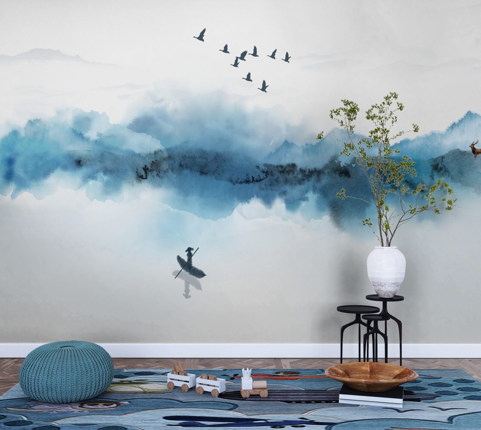 Papier peint pêcheur enveloppé dans la brume matinale