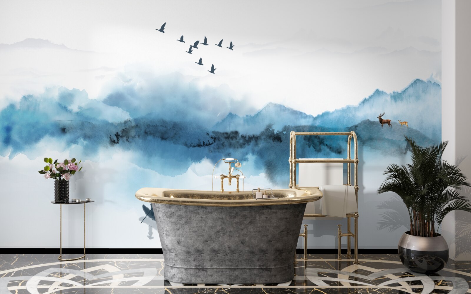 Papier peint pêcheur enveloppé dans la brume matinale