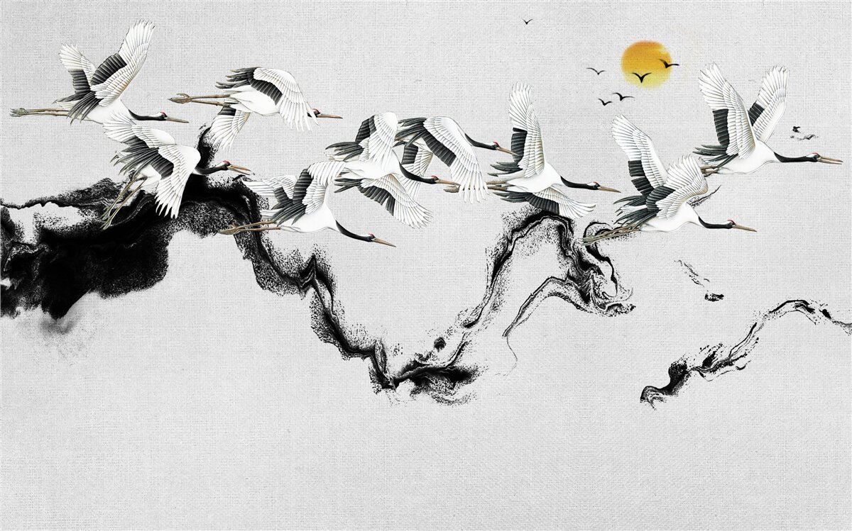 Papier peint groupe de grues japonaises planant vers le coucher du soleil