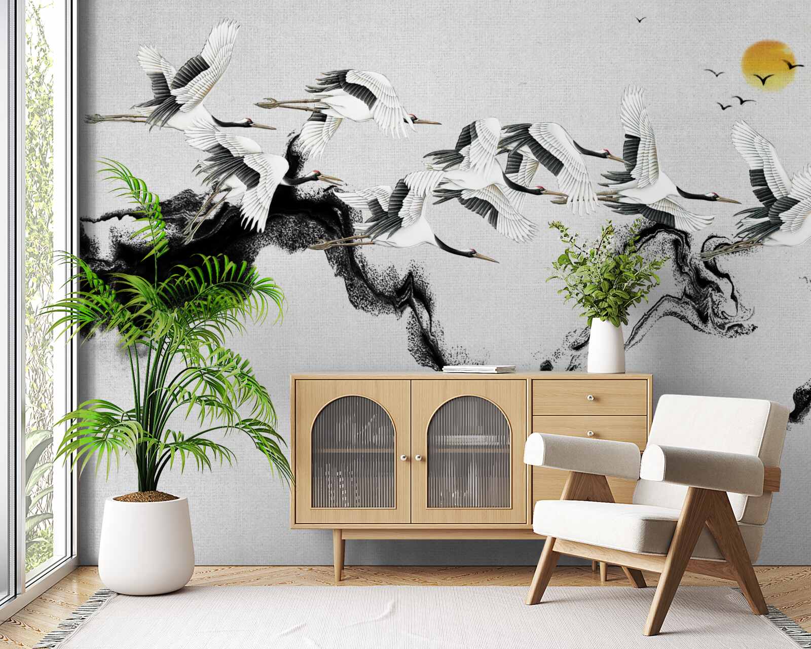 Papier peint groupe de grues japonaises planant vers le coucher du soleil