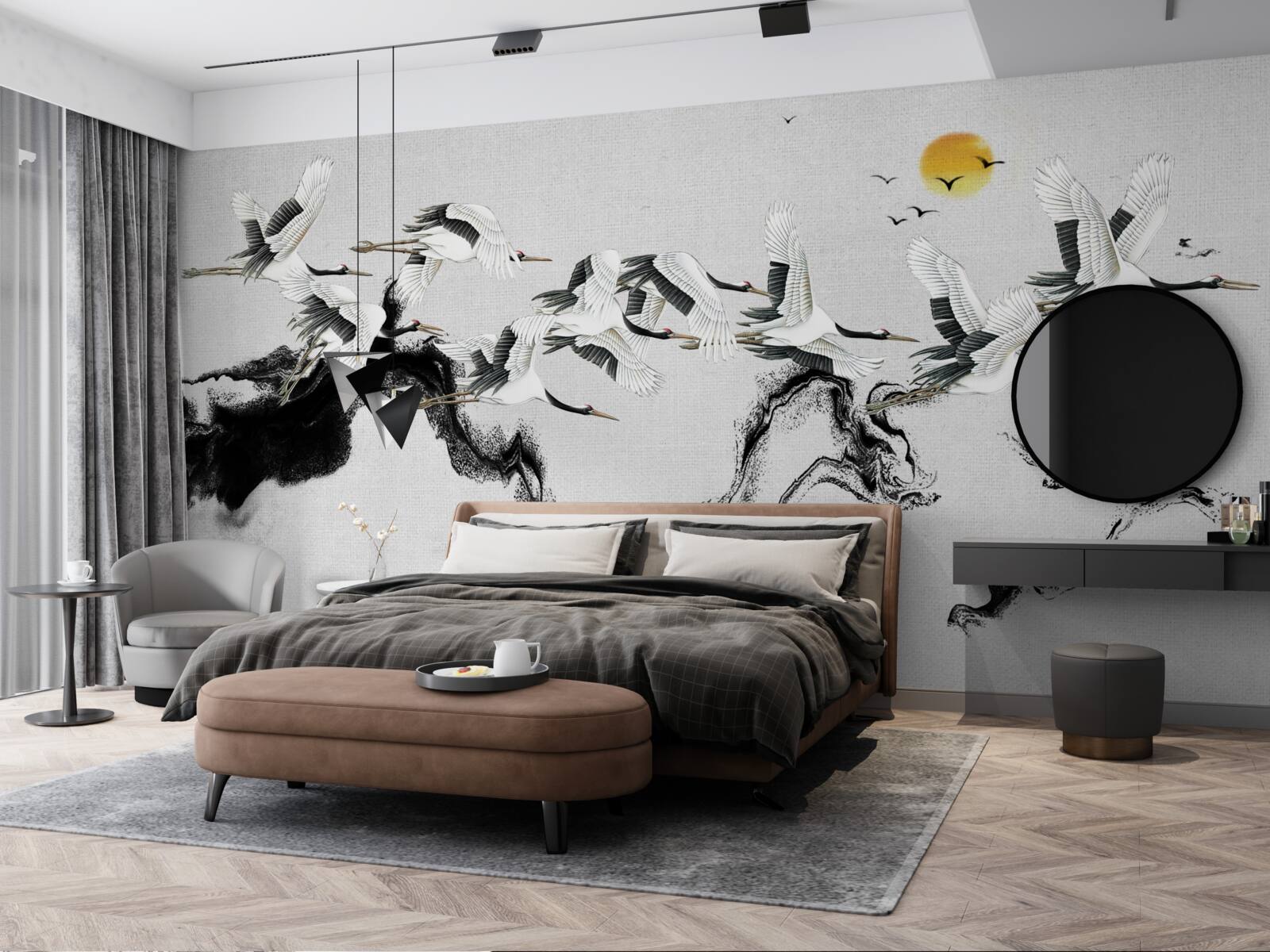 Papier peint groupe de grues japonaises planant vers le coucher du soleil