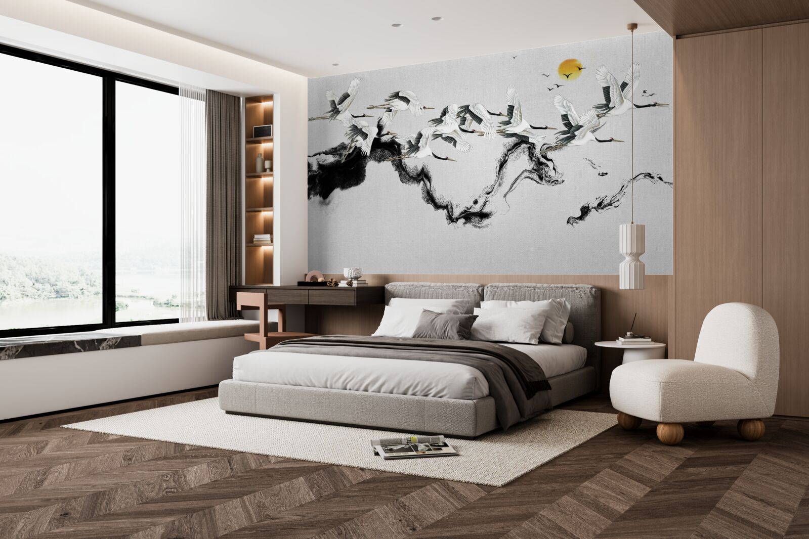 Papier peint groupe de grues japonaises planant vers le coucher du soleil