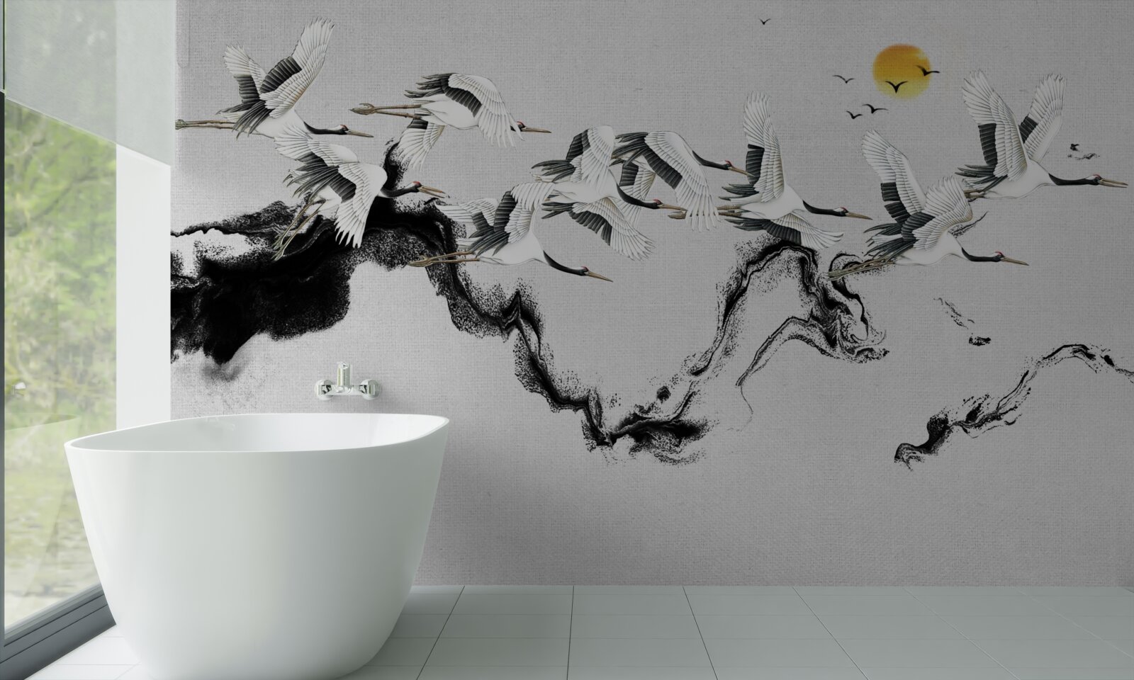 Papier peint groupe de grues japonaises planant vers le coucher du soleil