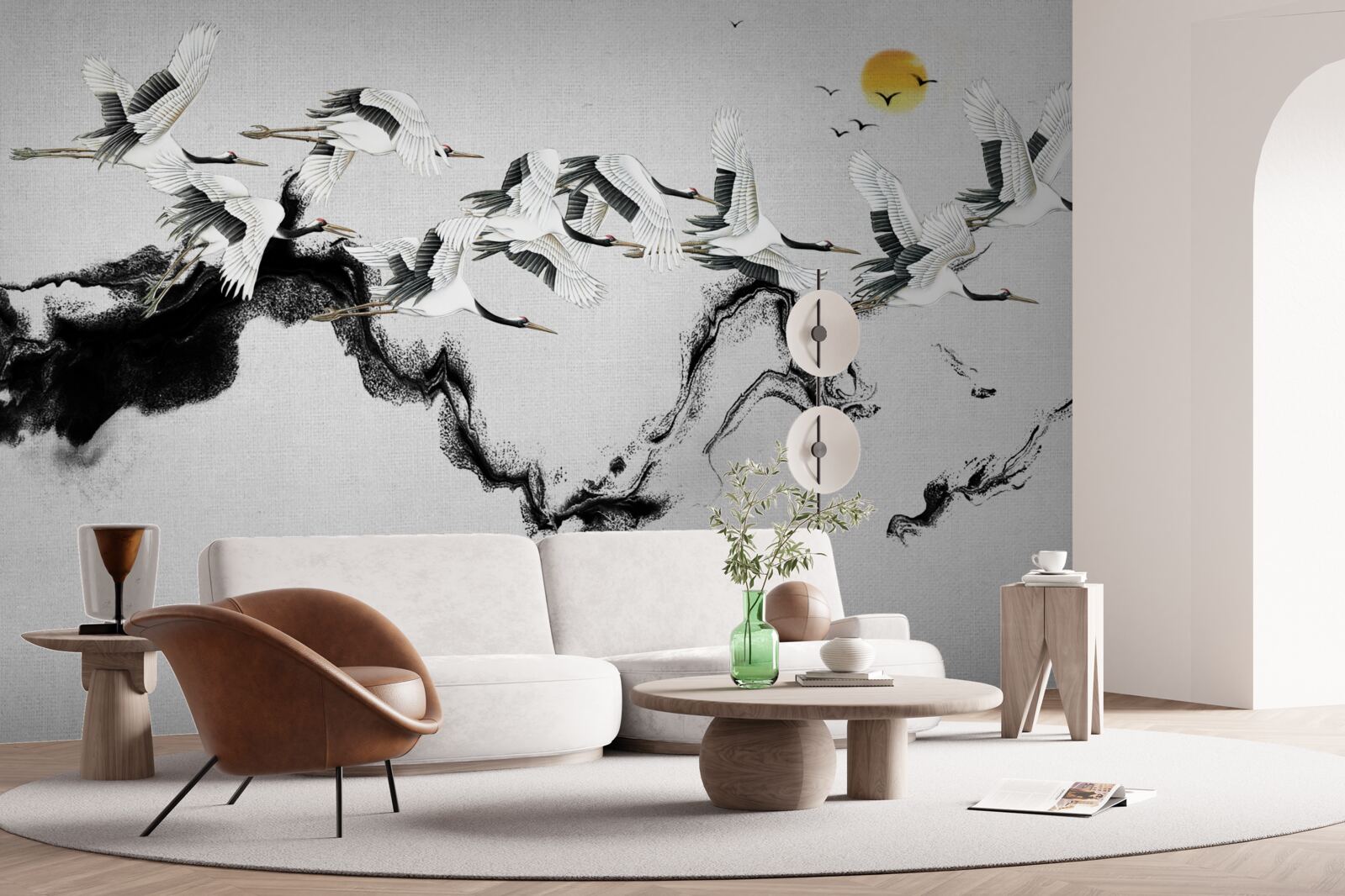 Papier peint groupe de grues japonaises planant vers le coucher du soleil