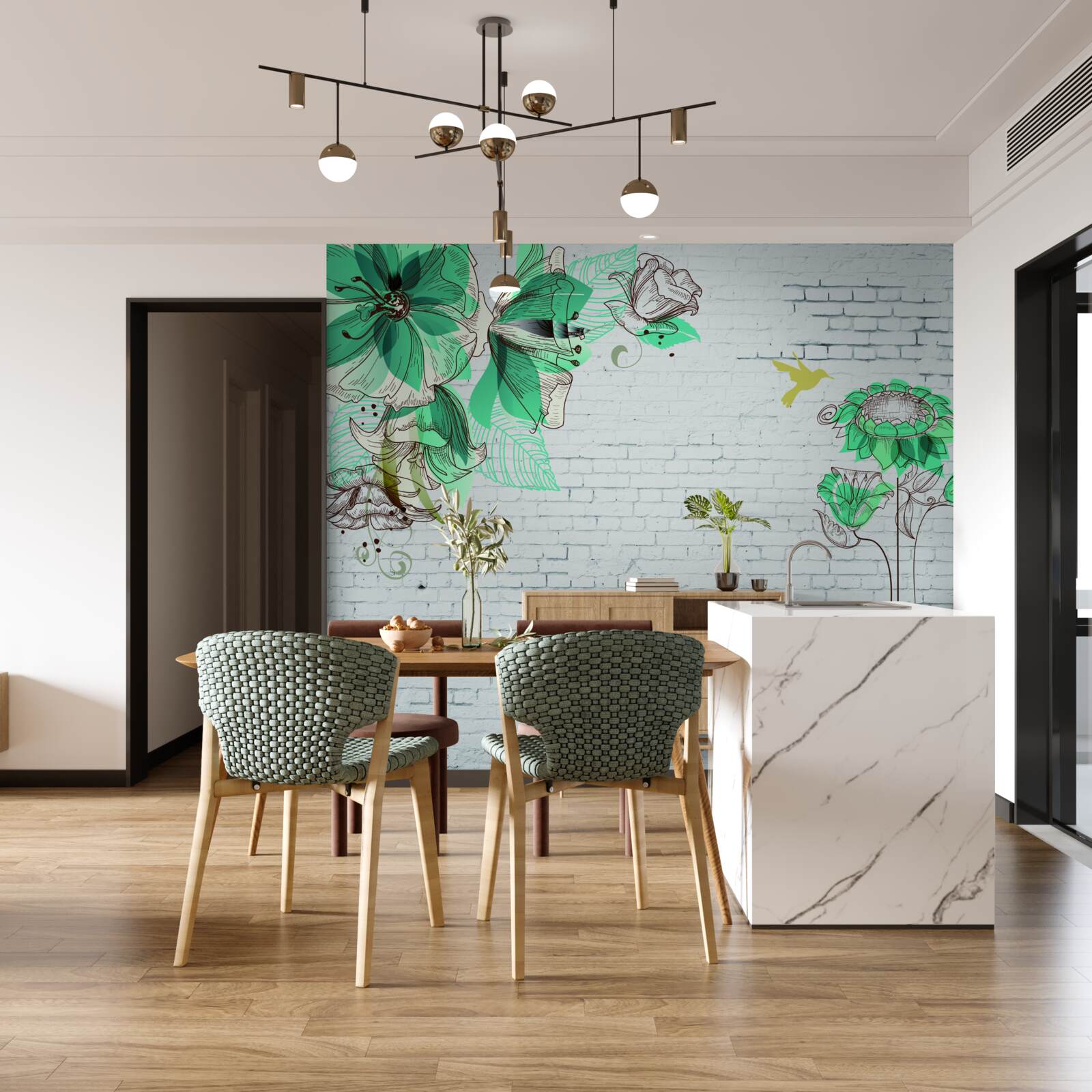 Papier peint fleurs turquoises sur briques blanches