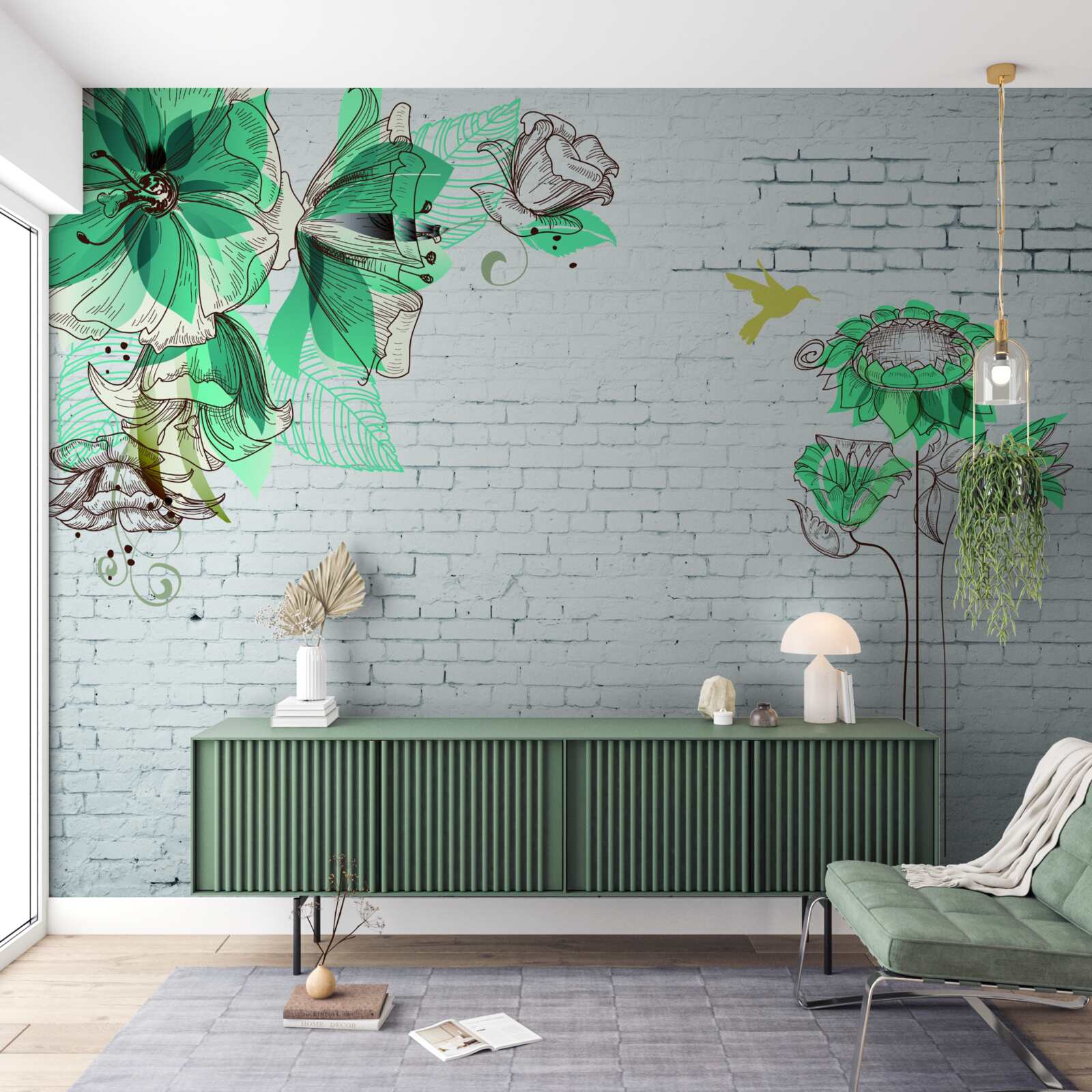 Papier peint fleurs turquoises sur briques blanches