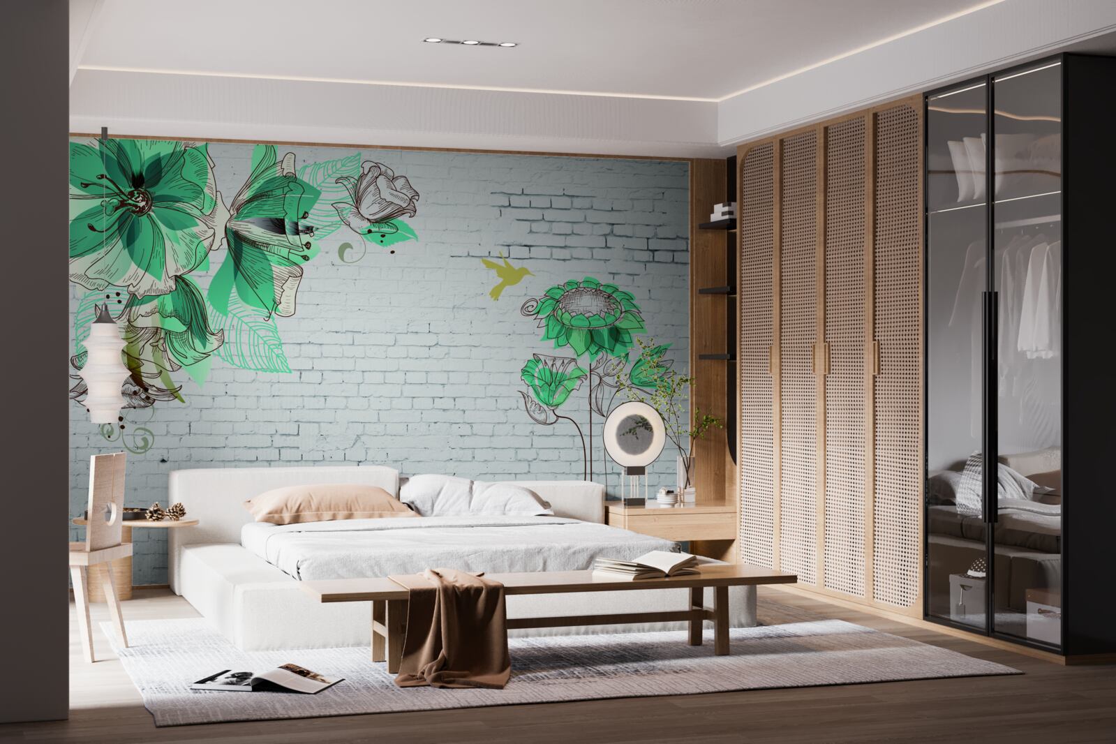 Papier peint fleurs turquoises sur briques blanches