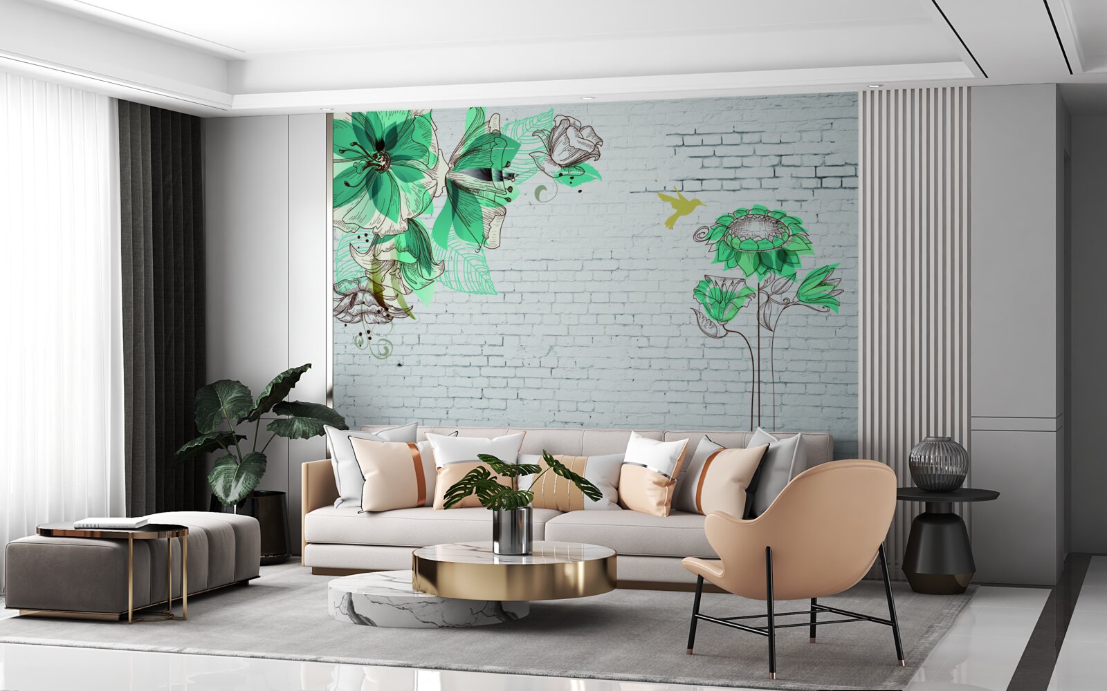 Papier peint fleurs turquoises sur briques blanches