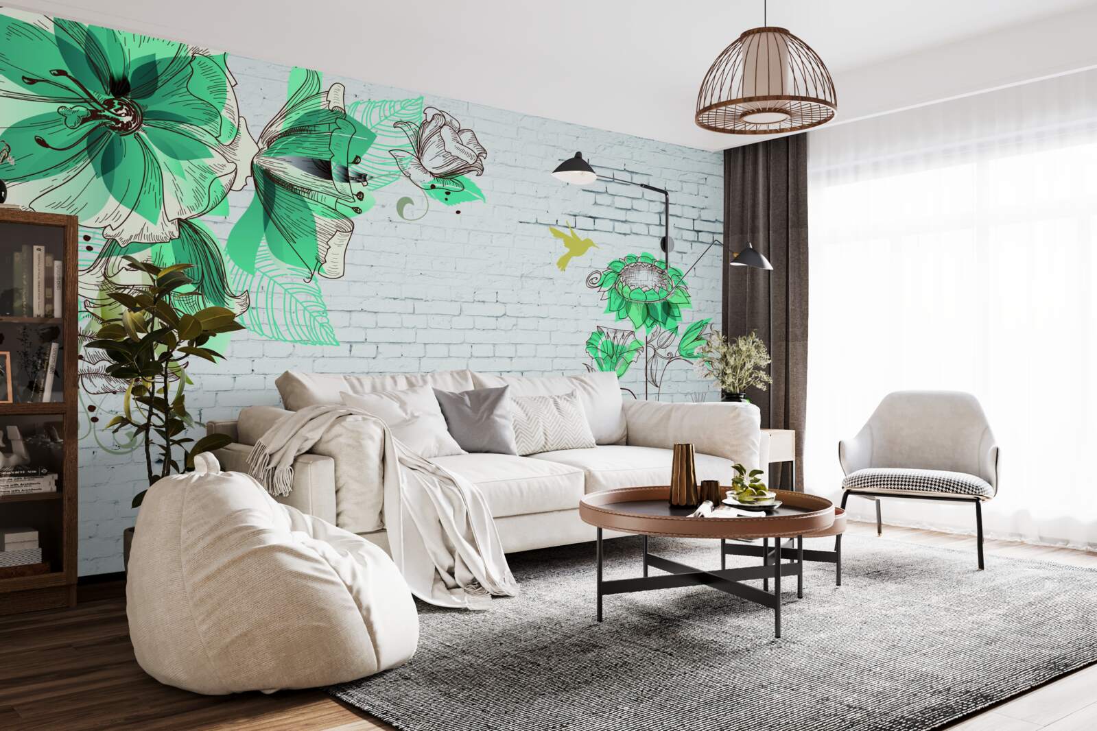 Papier peint fleurs turquoises sur briques blanches