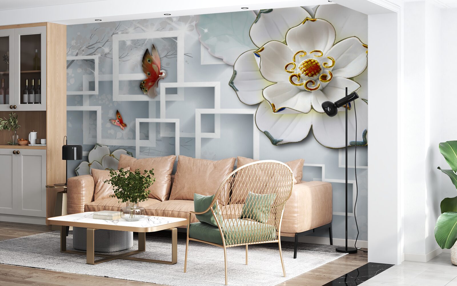 Papier peint formes géométriques et lotus blancs