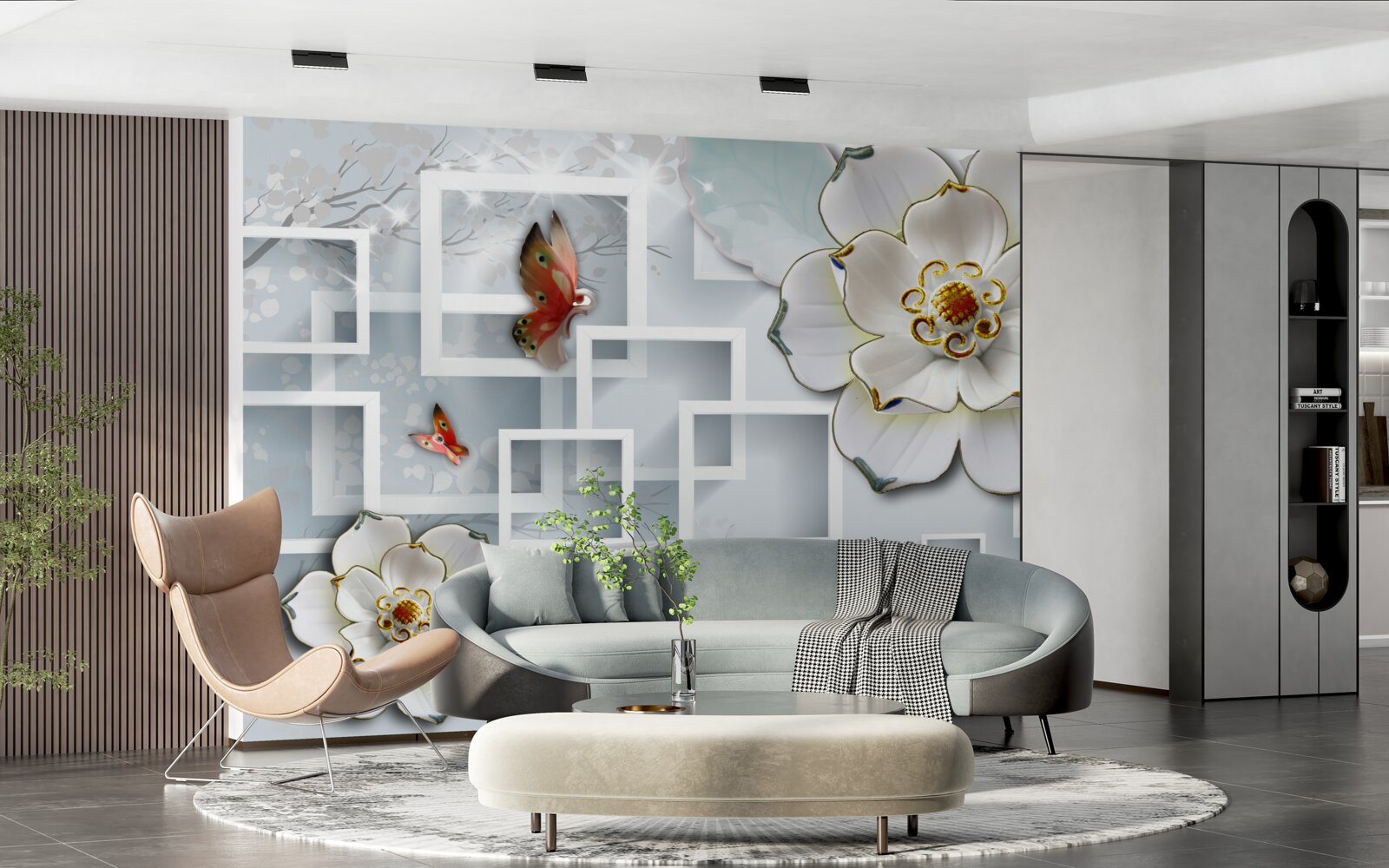 Papier peint formes géométriques et lotus blancs