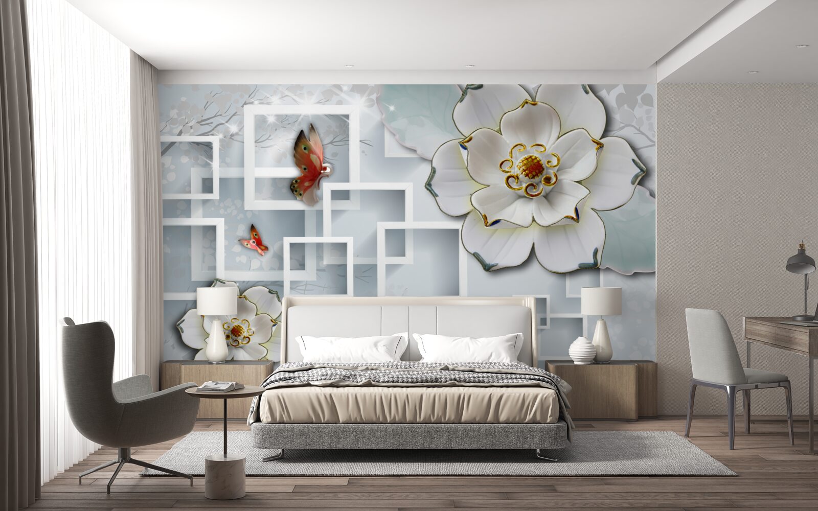 Papier peint formes géométriques et lotus blancs