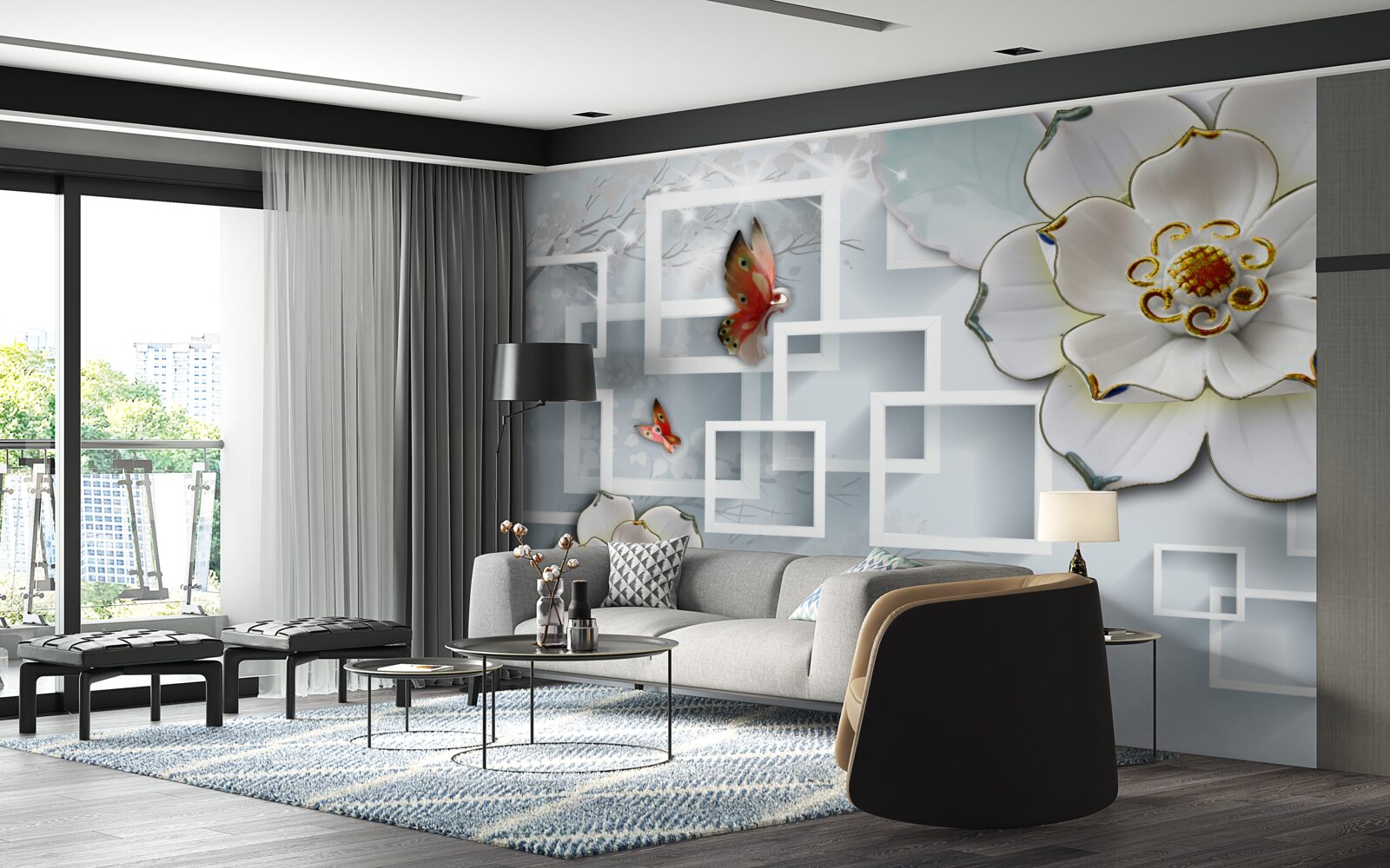 Papier peint formes géométriques et lotus blancs