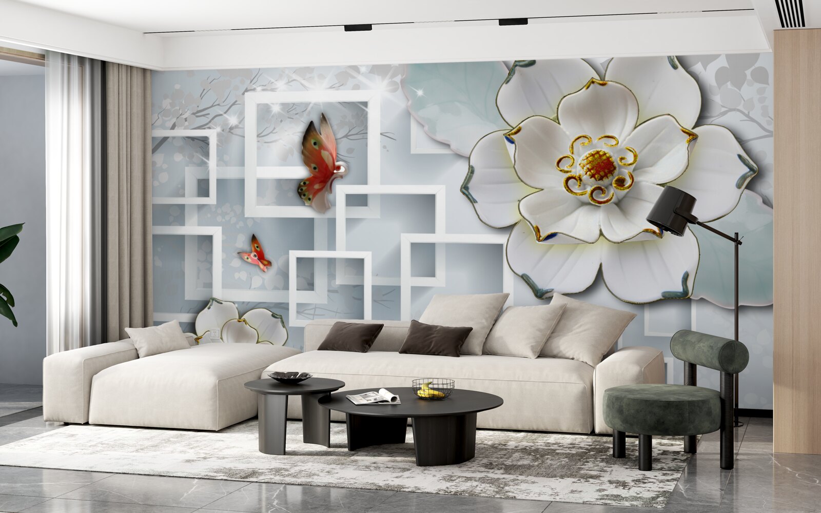 Papier peint formes géométriques et lotus blancs