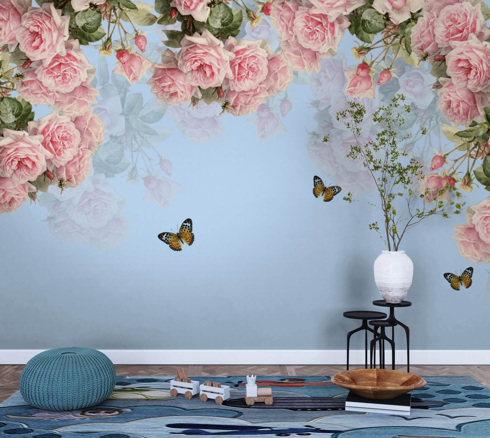 Papier peint roses roses sur fond bleu