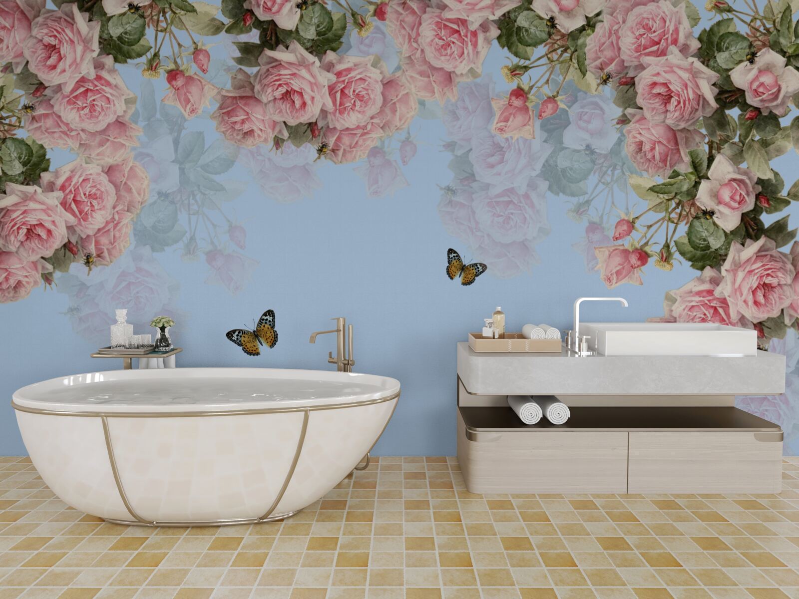 Papier peint roses roses sur fond bleu