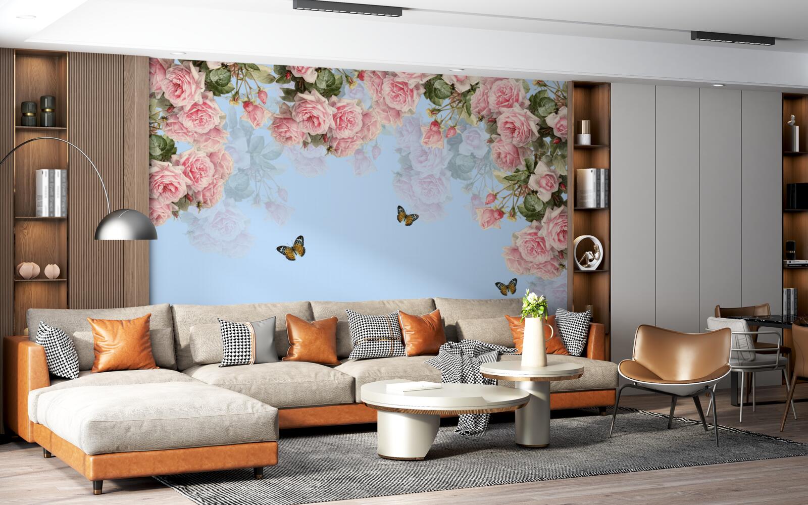 Papier peint roses roses sur fond bleu