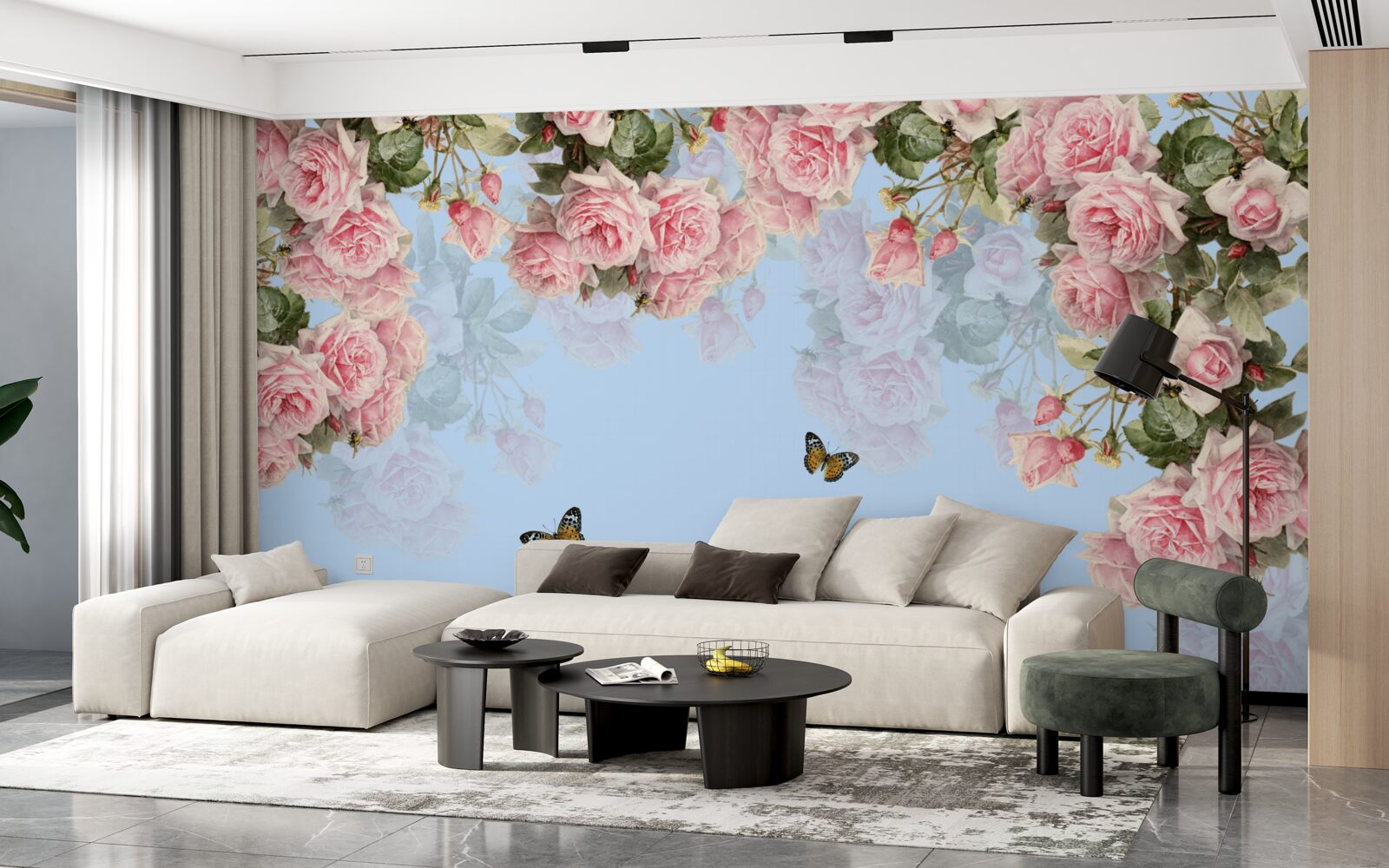 Papier peint roses roses sur fond bleu