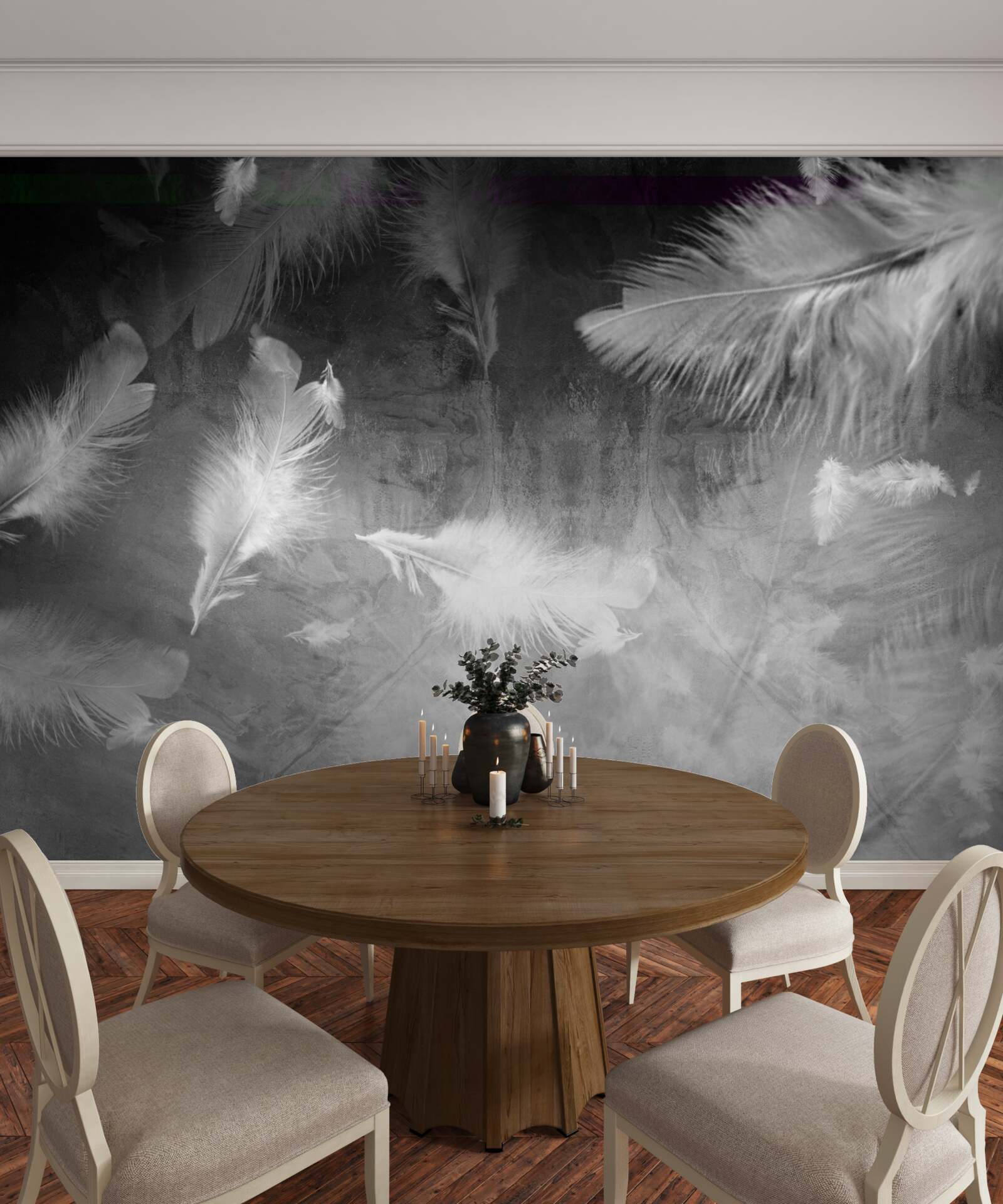 Papier peint le fond gris est décoré de plumes blanches