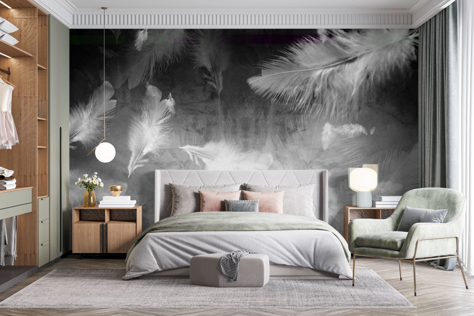 Papier peint le fond gris est décoré de plumes blanches