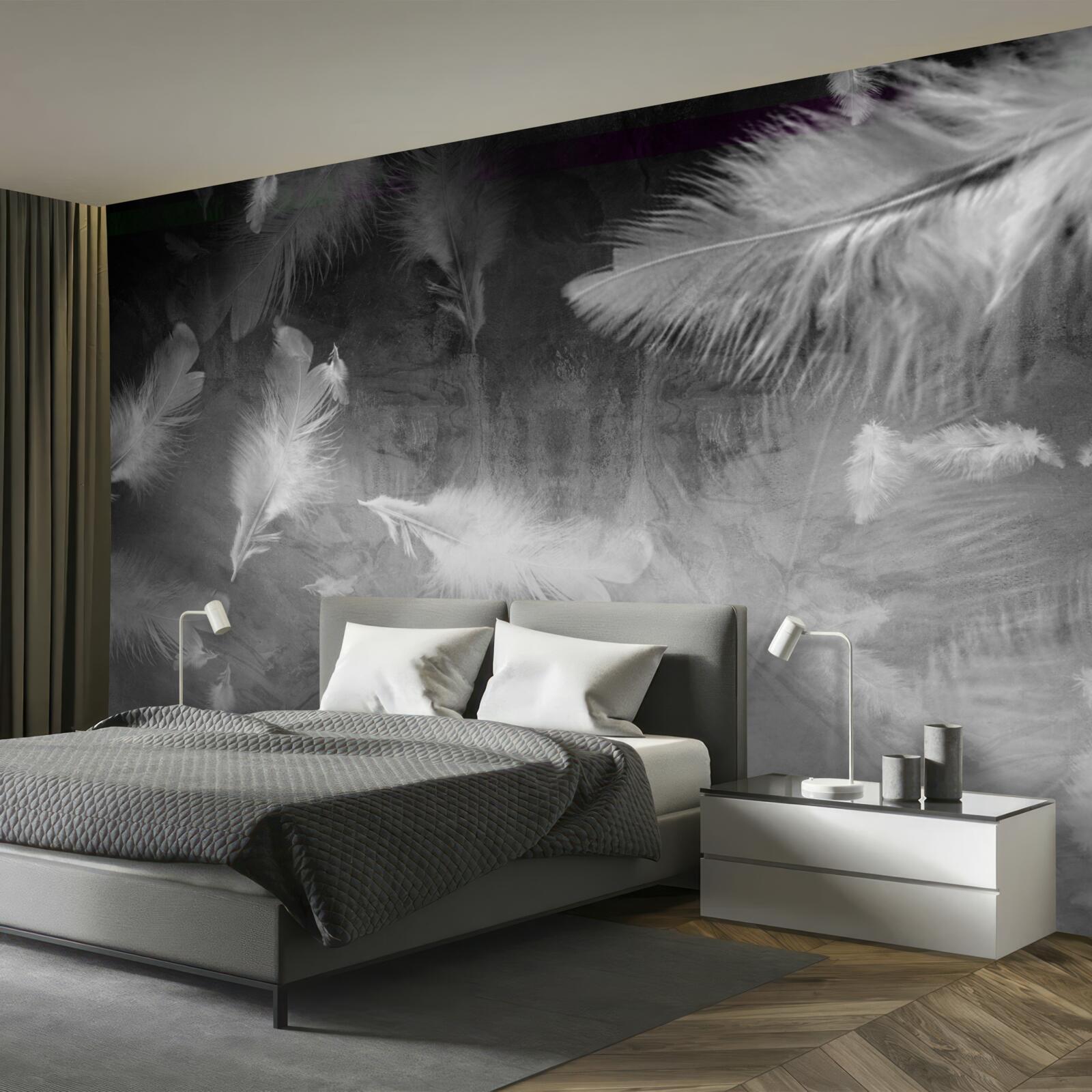 Papier peint le fond gris est décoré de plumes blanches