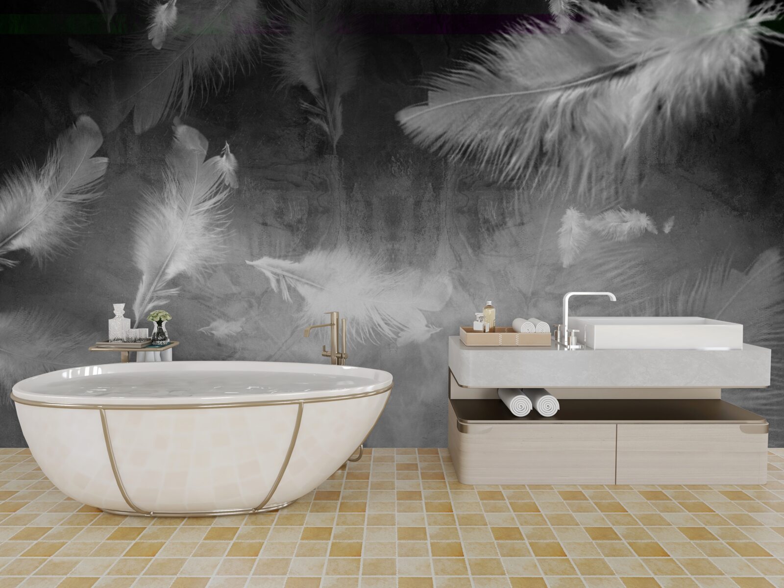 Papier peint le fond gris est décoré de plumes blanches