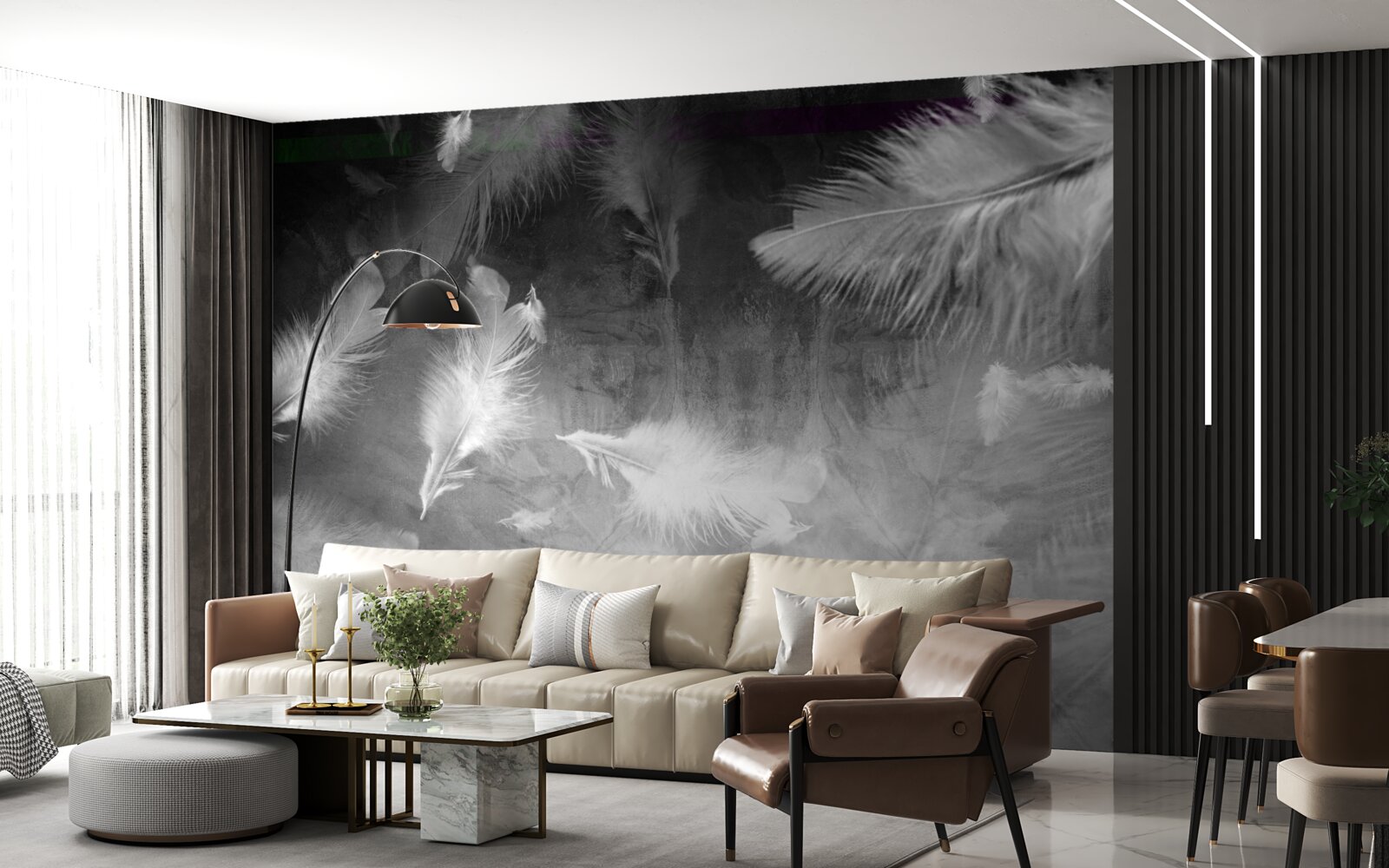 Papier peint le fond gris est décoré de plumes blanches