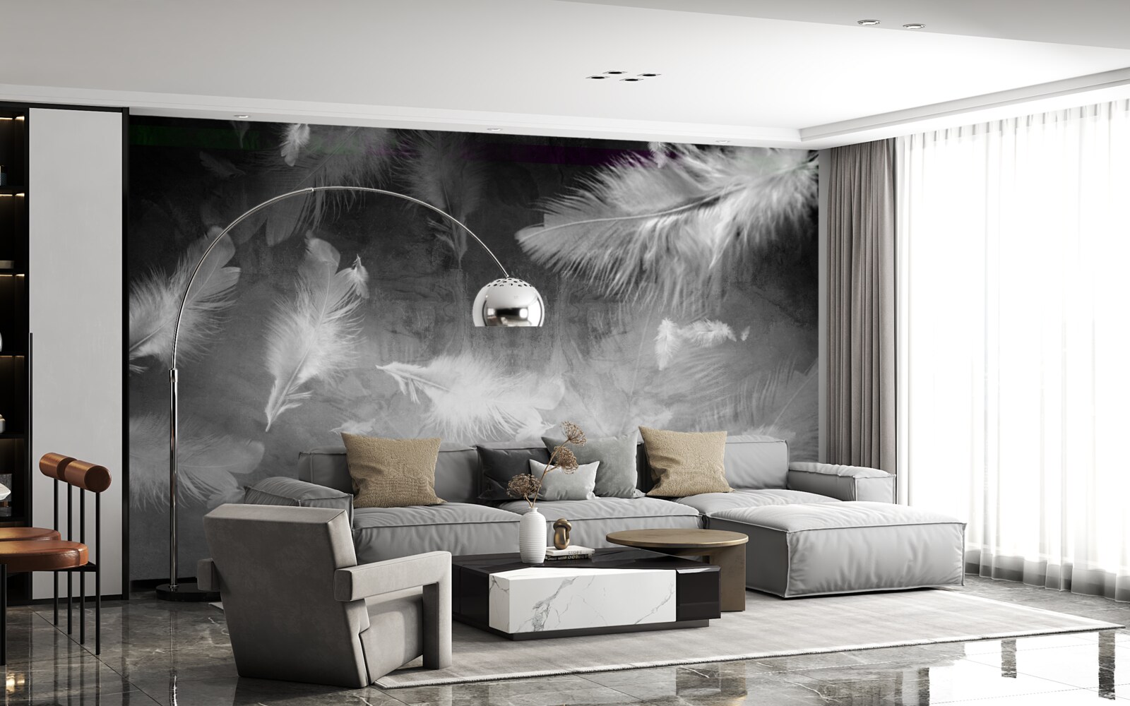 Papier peint le fond gris est décoré de plumes blanches