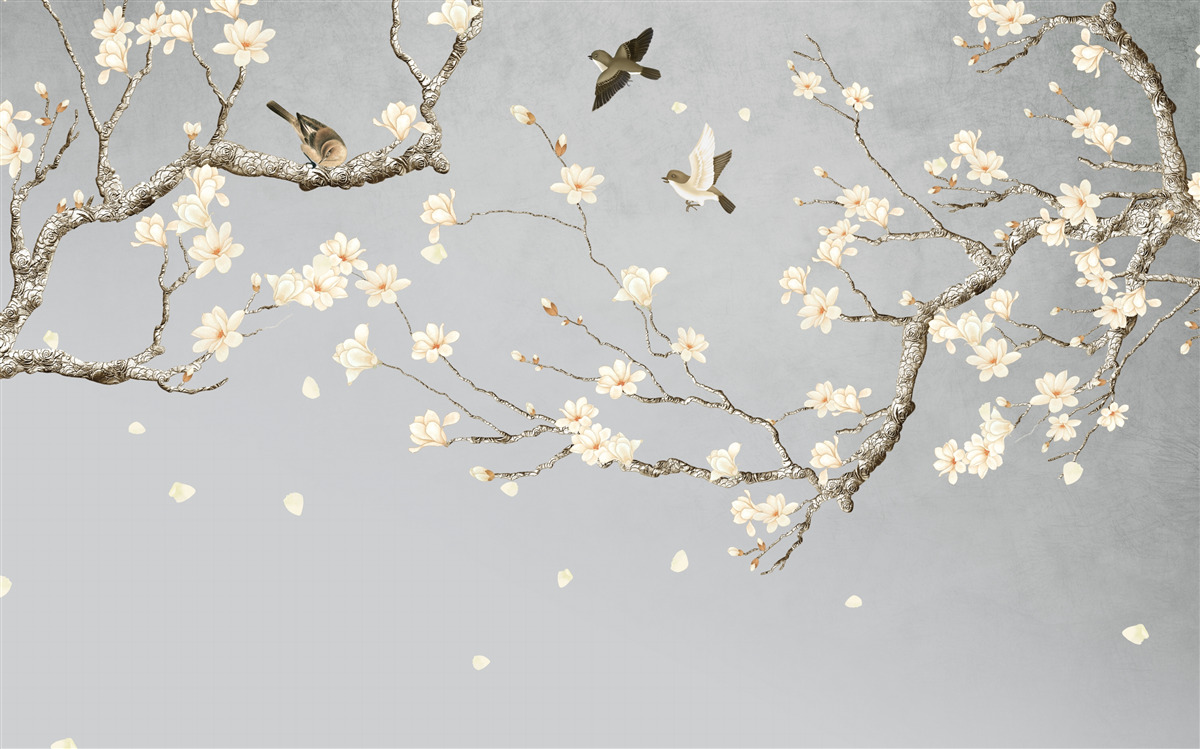 Papier peint les oiseaux tournent autour d'un arbre en fleurs