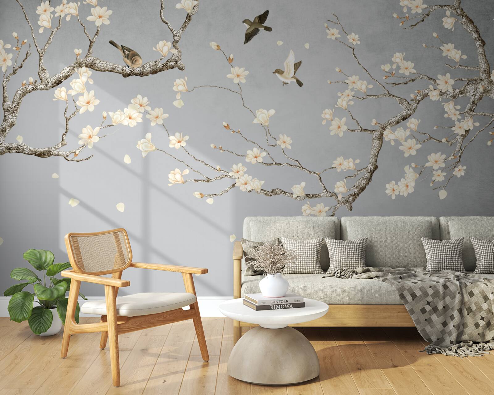 Papier peint les oiseaux tournent autour d'un arbre en fleurs