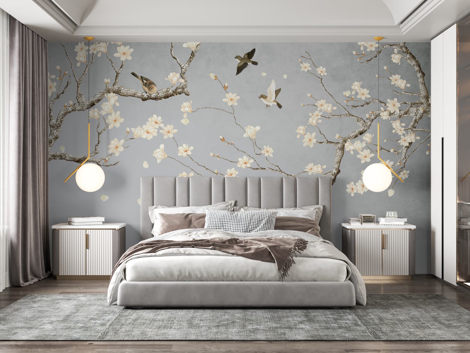 Papier peint les oiseaux tournent autour d'un arbre en fleurs