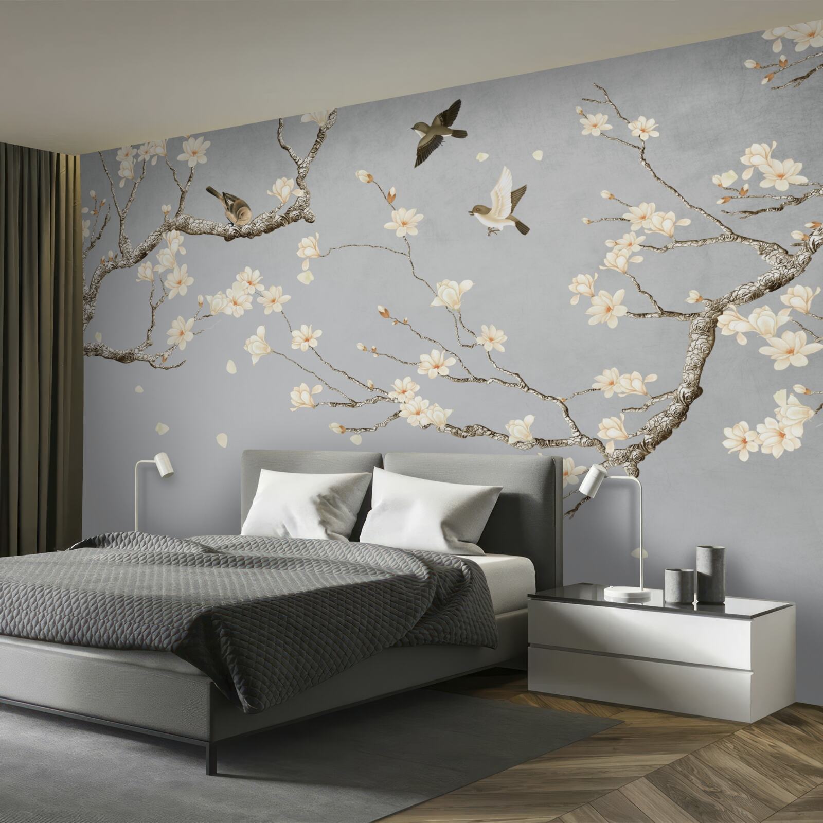 Papier peint les oiseaux tournent autour d'un arbre en fleurs