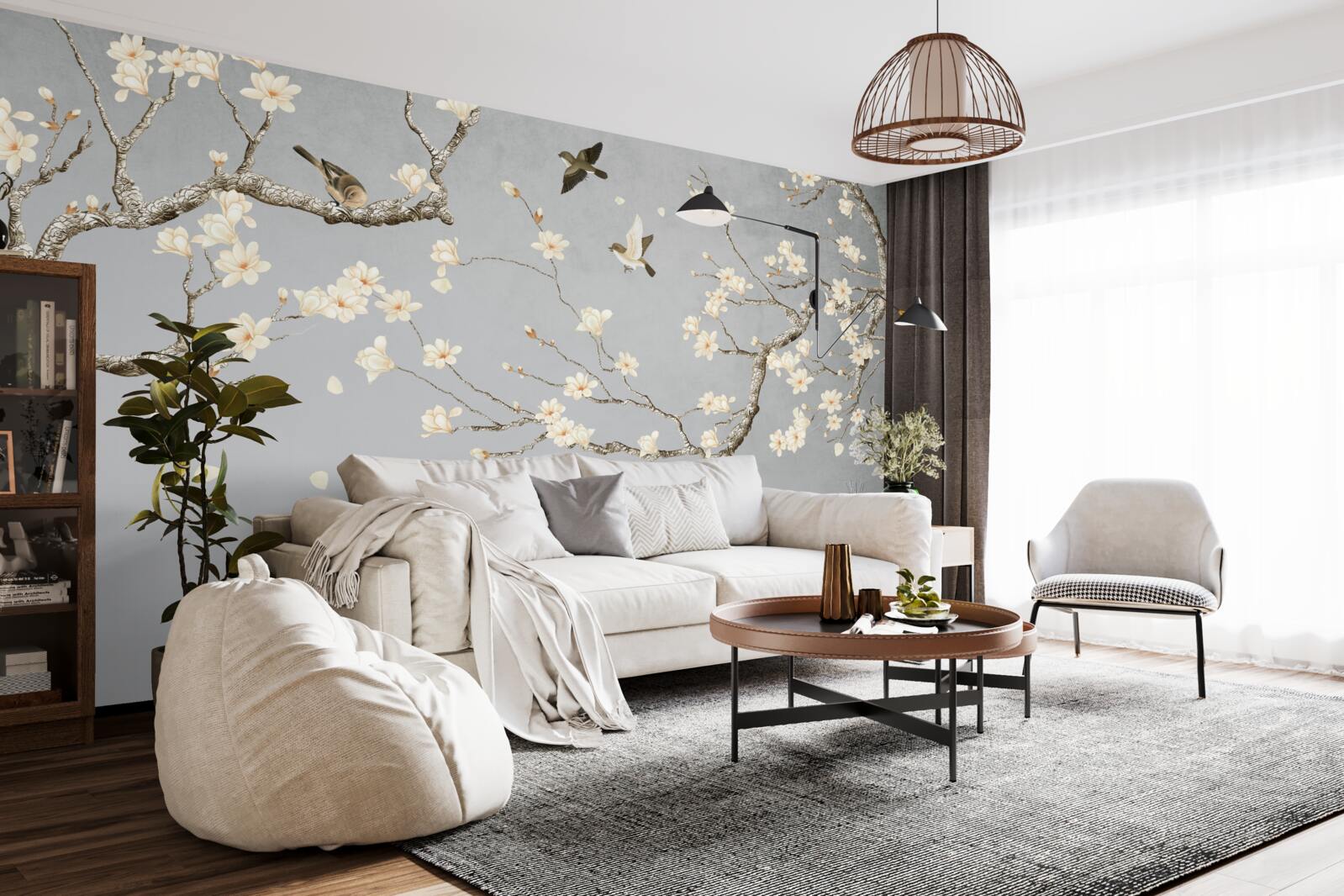 Papier peint les oiseaux tournent autour d'un arbre en fleurs