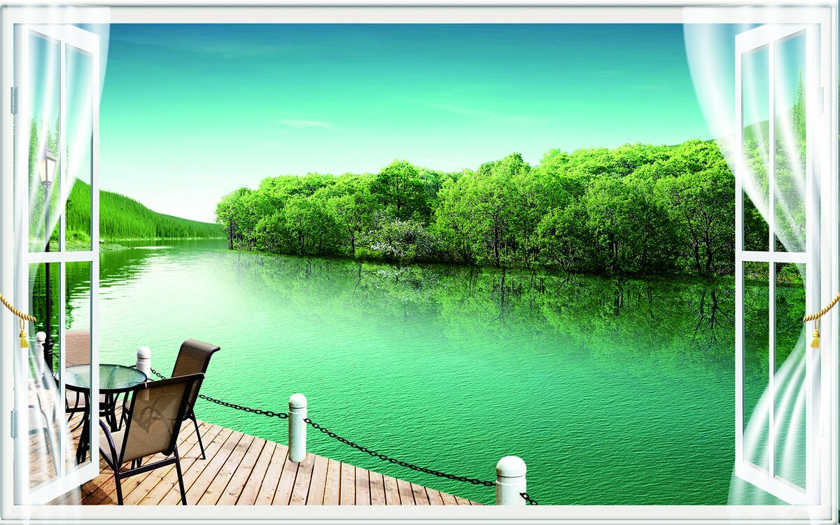 Papier peint patio près de l'étang verdâtre