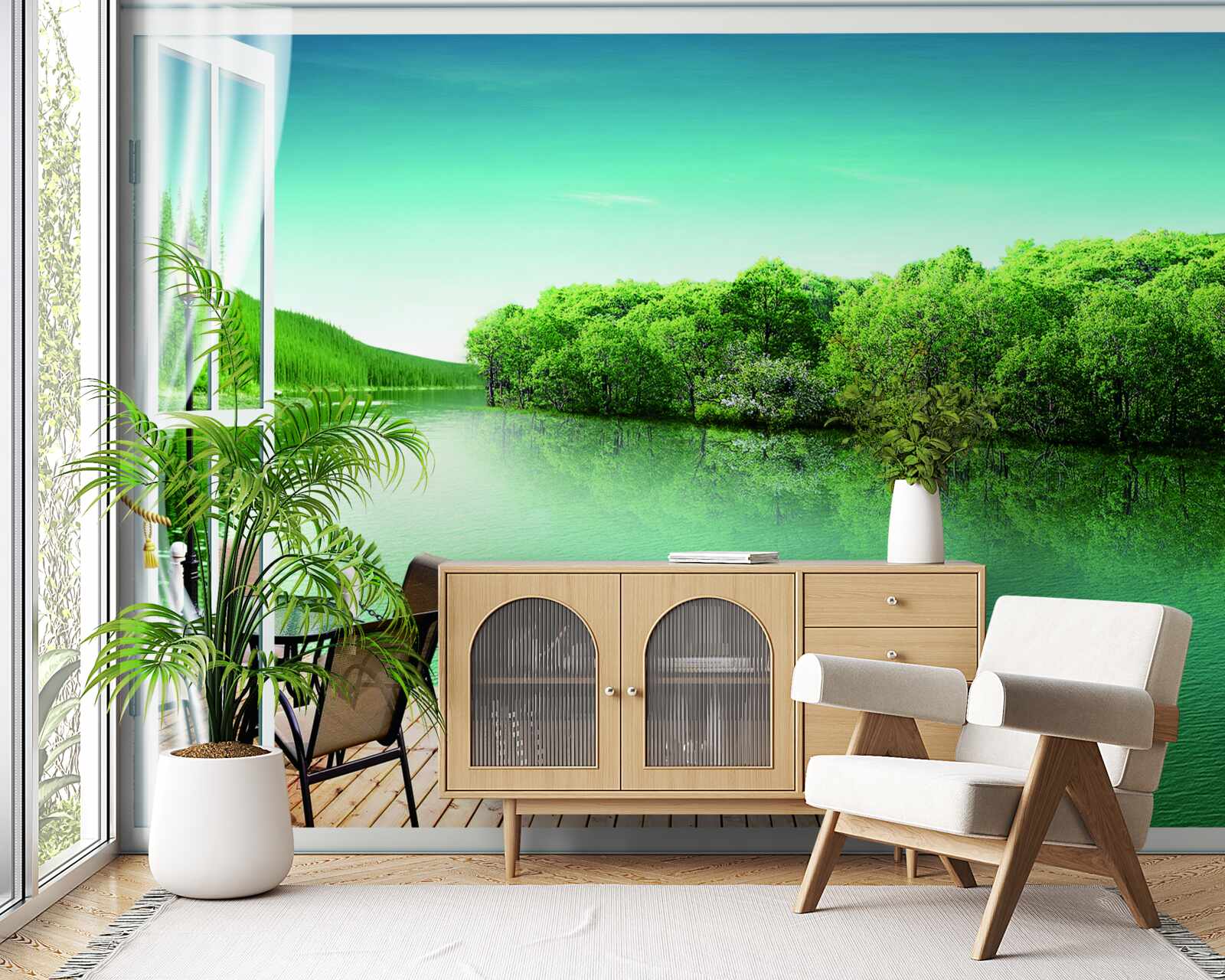 Papier peint patio près de l'étang verdâtre