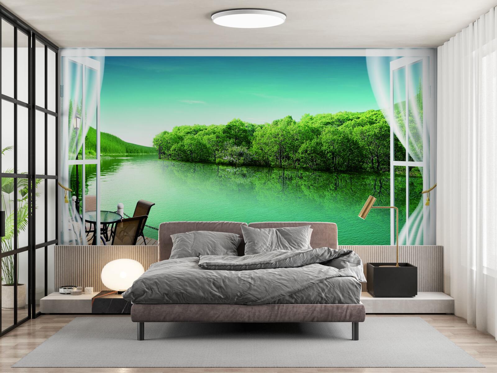 Papier peint patio près de l'étang verdâtre