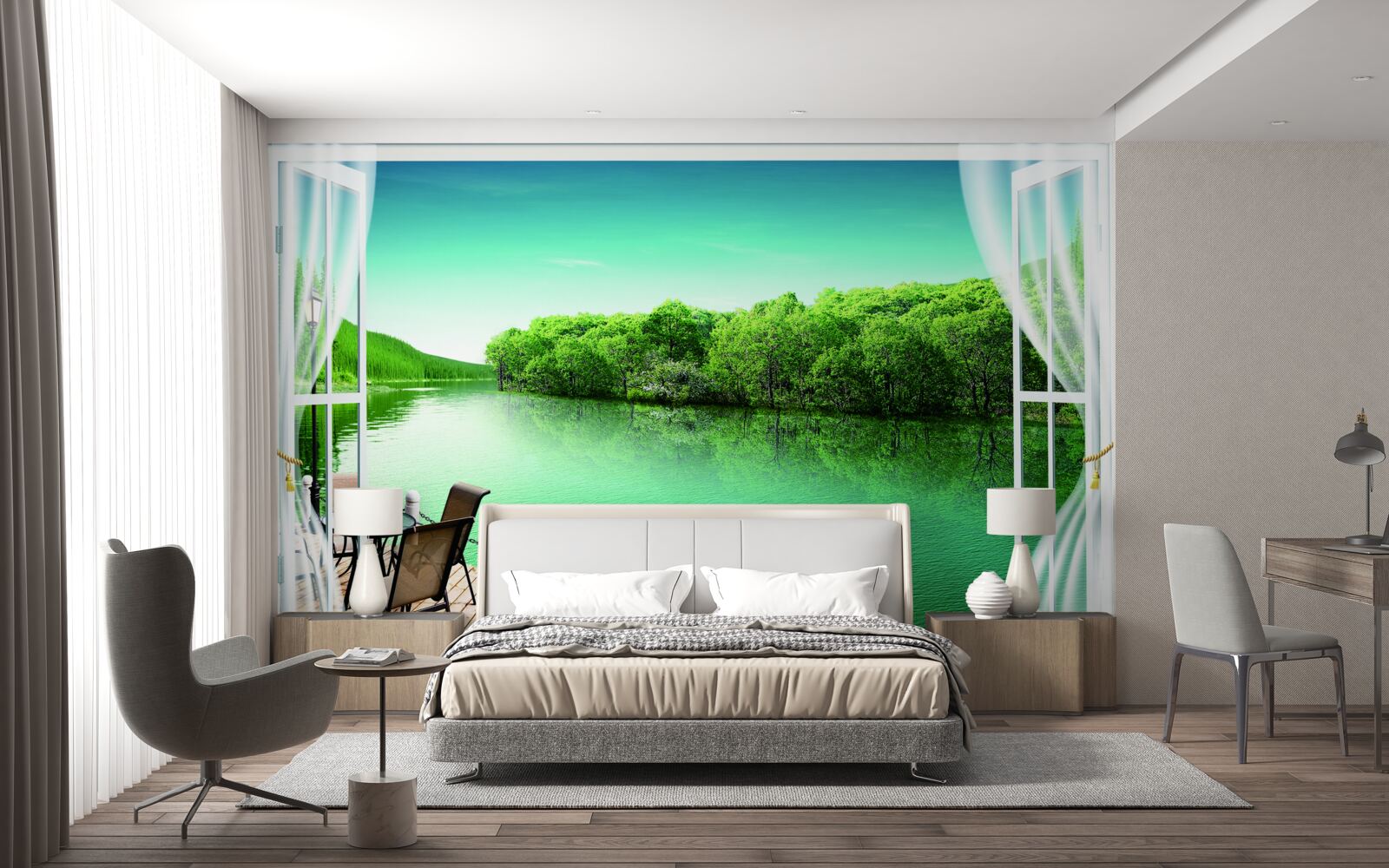 Papier peint patio près de l'étang verdâtre