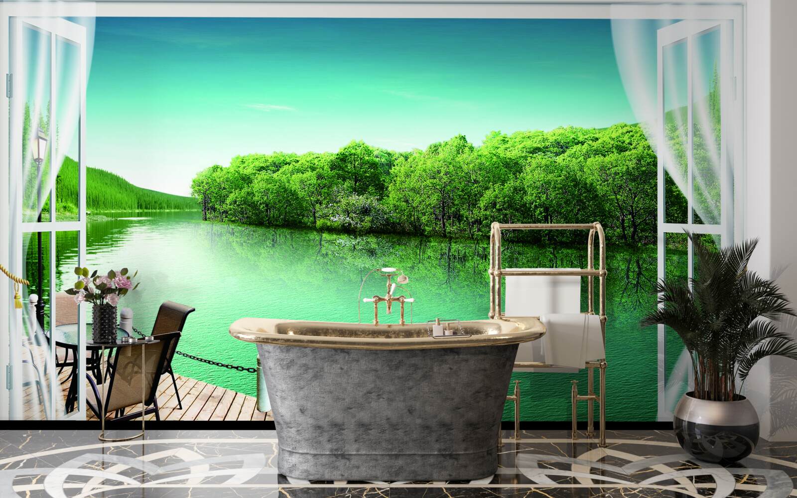 Papier peint patio près de l'étang verdâtre
