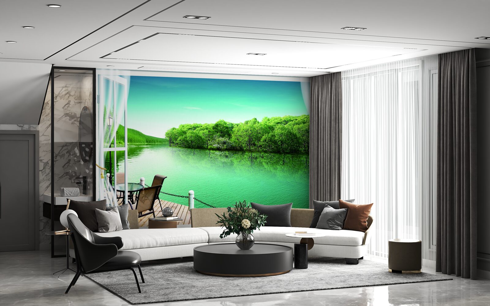 Papier peint patio près de l'étang verdâtre
