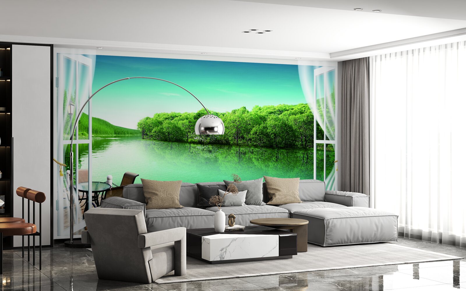 Papier peint patio près de l'étang verdâtre