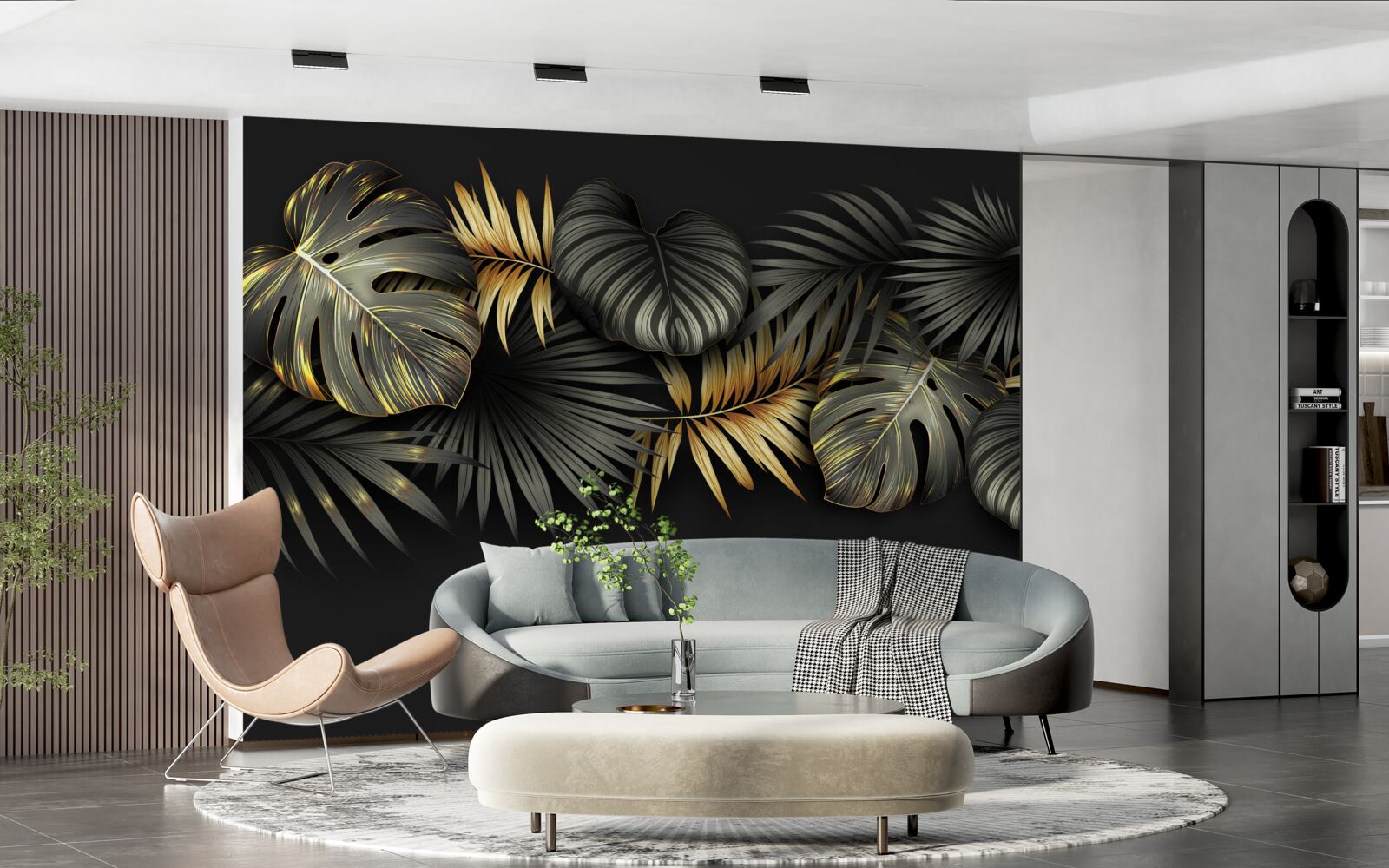 Papier peint feuille d'or sur fond noir