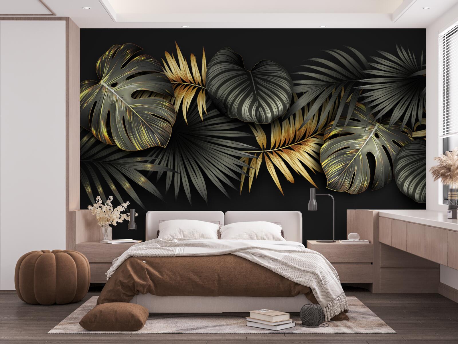 Papier peint feuille d'or sur fond noir