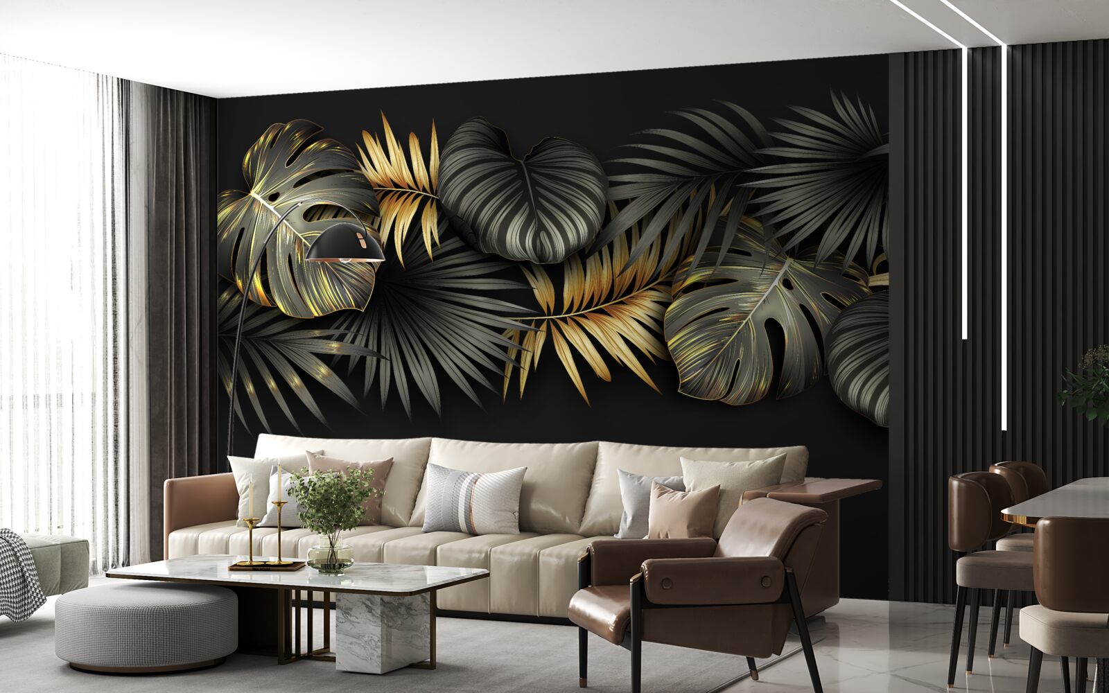 Papier peint feuille d'or sur fond noir