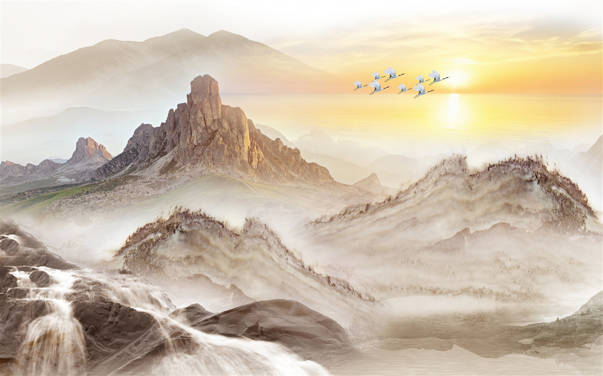 Papier peint coucher de soleil sous les montagnes en passant avec les grues